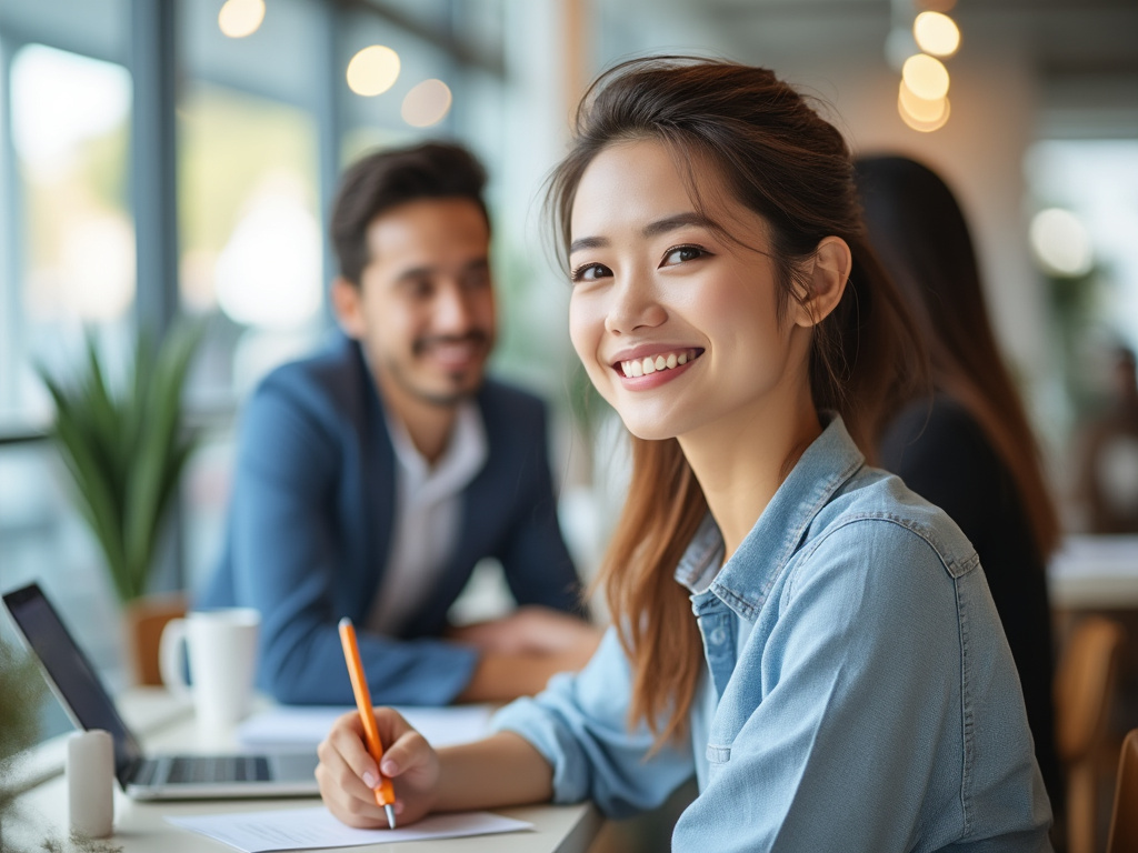Smiling young professional woman taking notes during a collaborative office meeting with colleagues and laptop Smiling young professional woman taking notes during a collaborative office meeting with colleagues and laptop