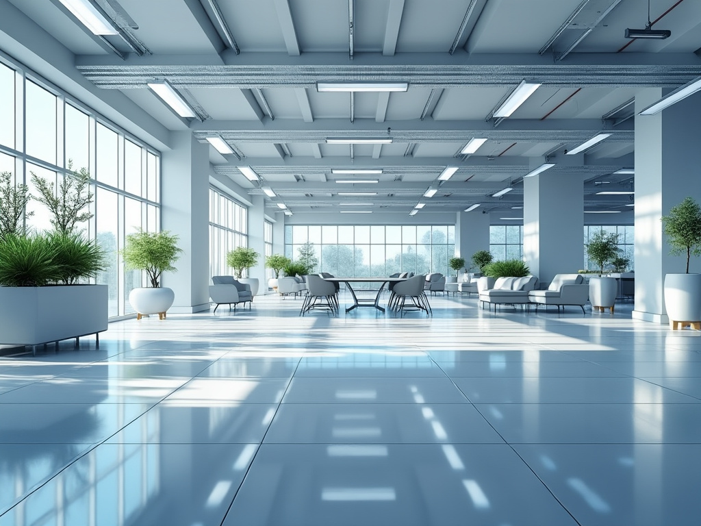 Espacio interior luminoso y moderno con ventanales grandes, plantas en macetas blancas y muebles de oficina.