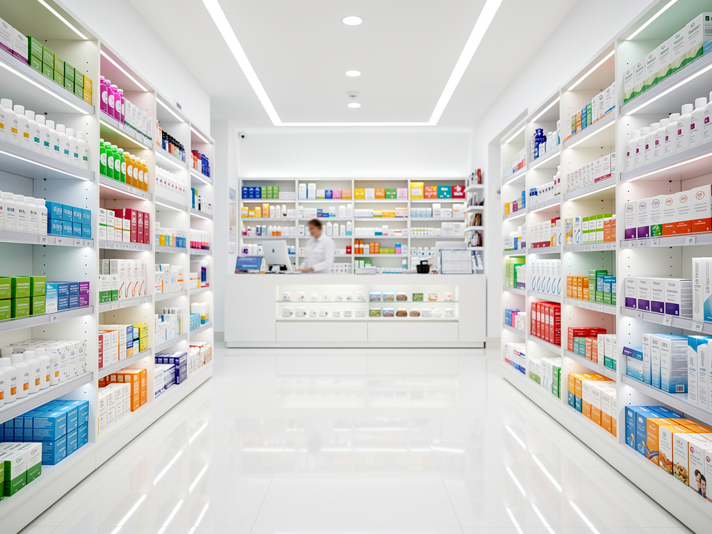 Interior de farmacia moderna con estanterías llenas de medicamentos y productos de salud