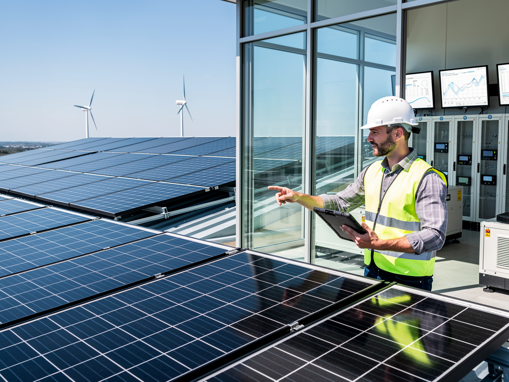 Renewable energy engineer inspecting rooftop solar panels with wind turbines and control room monitors
Renewable energy engineer inspecting rooftop solar panels with wind turbines and control room monitors