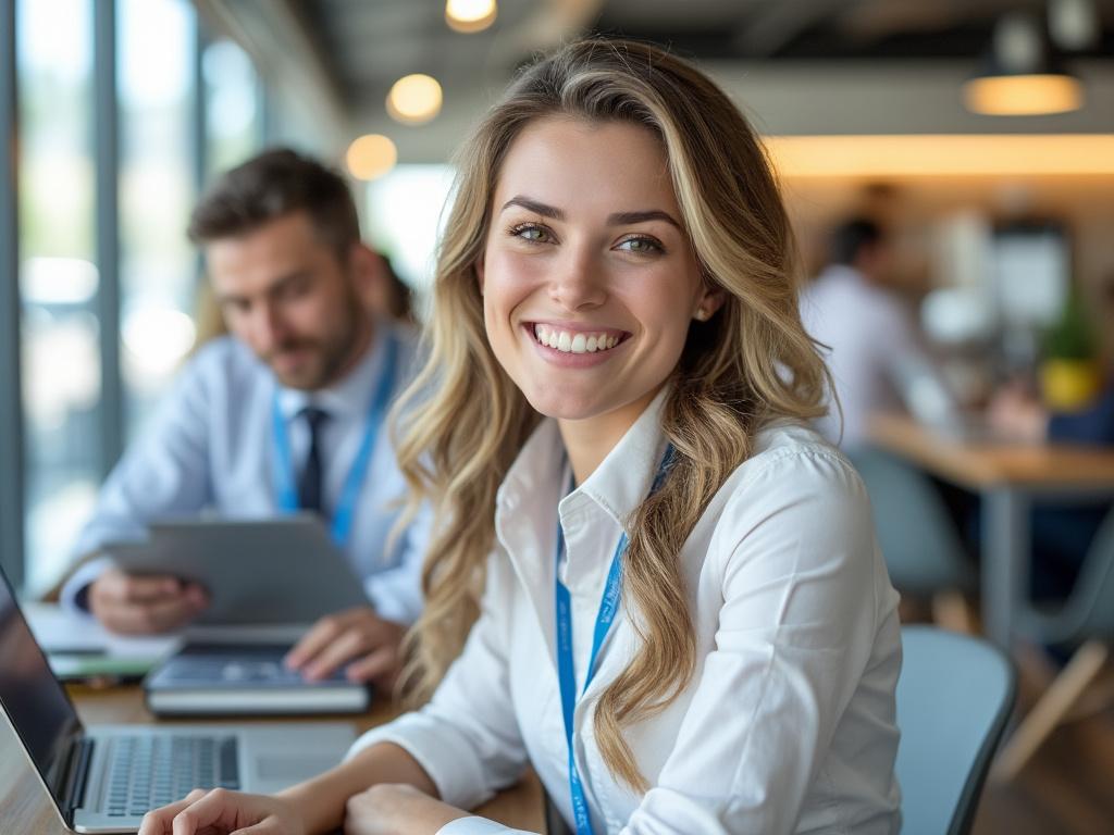 Smiling woman in a modern office setting with a coworker in the background, both wearing casual business attire. Smiling woman in a modern office setting with a coworker in the background, both wearing casual business attire.