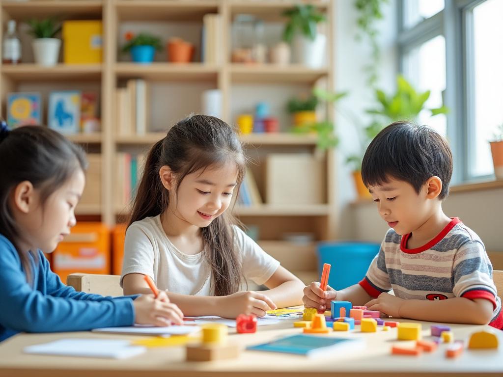 Niños dibujando y jugando con bloques de colores en una clase de escuela, decoración colorida al fondo.