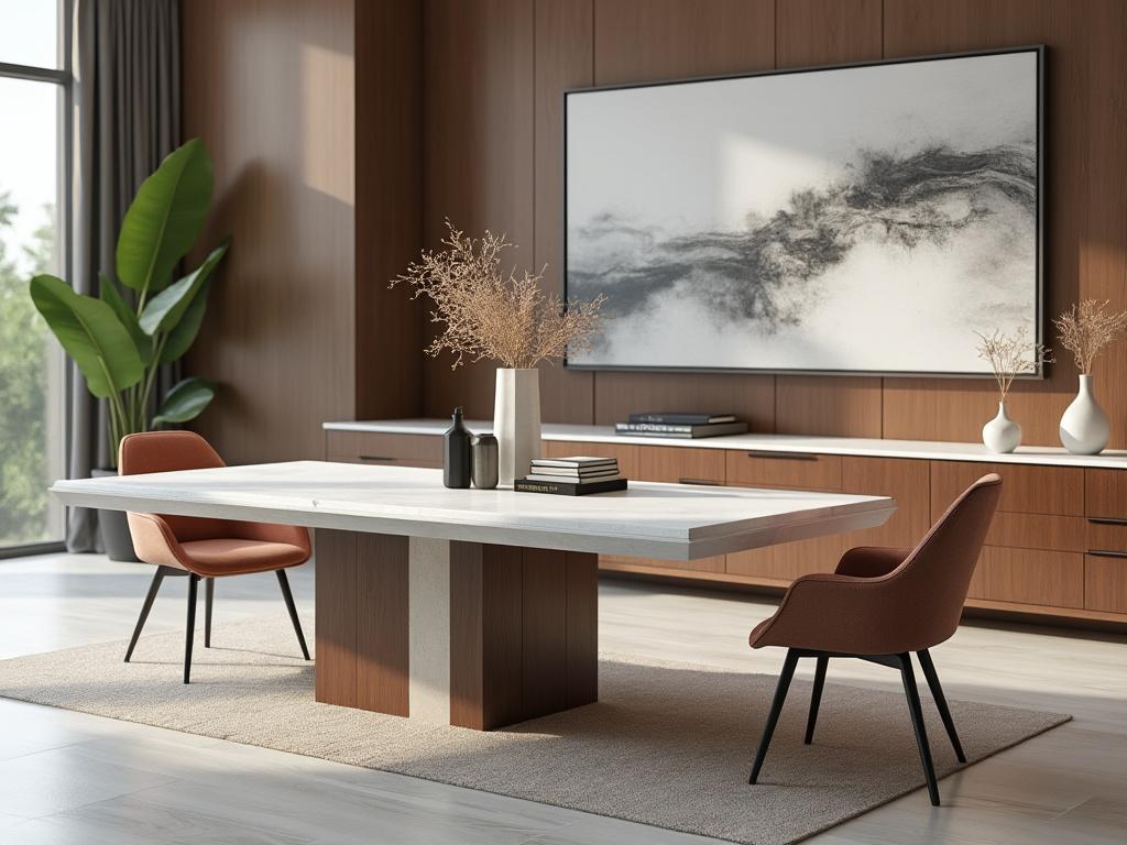 Modern dining room with wooden accents, featuring a marble table, orange chairs, abstract artwork, and large indoor plant.