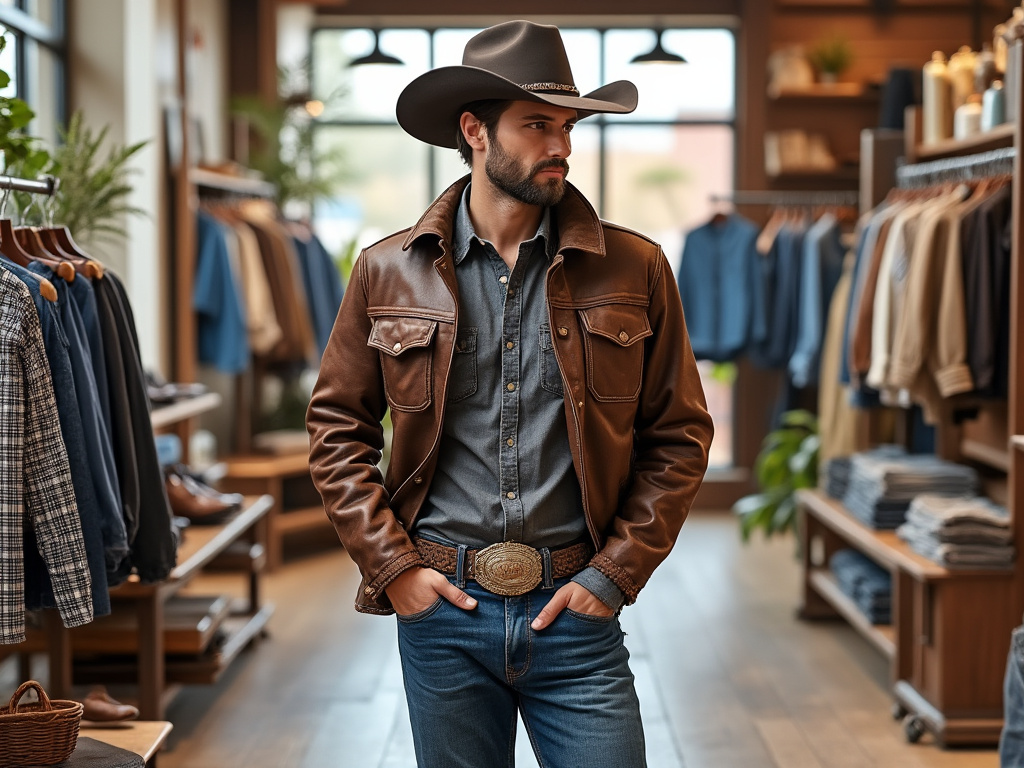 Hombre con chaqueta de cuero marrón y sombrero vaquero en tienda de ropa.