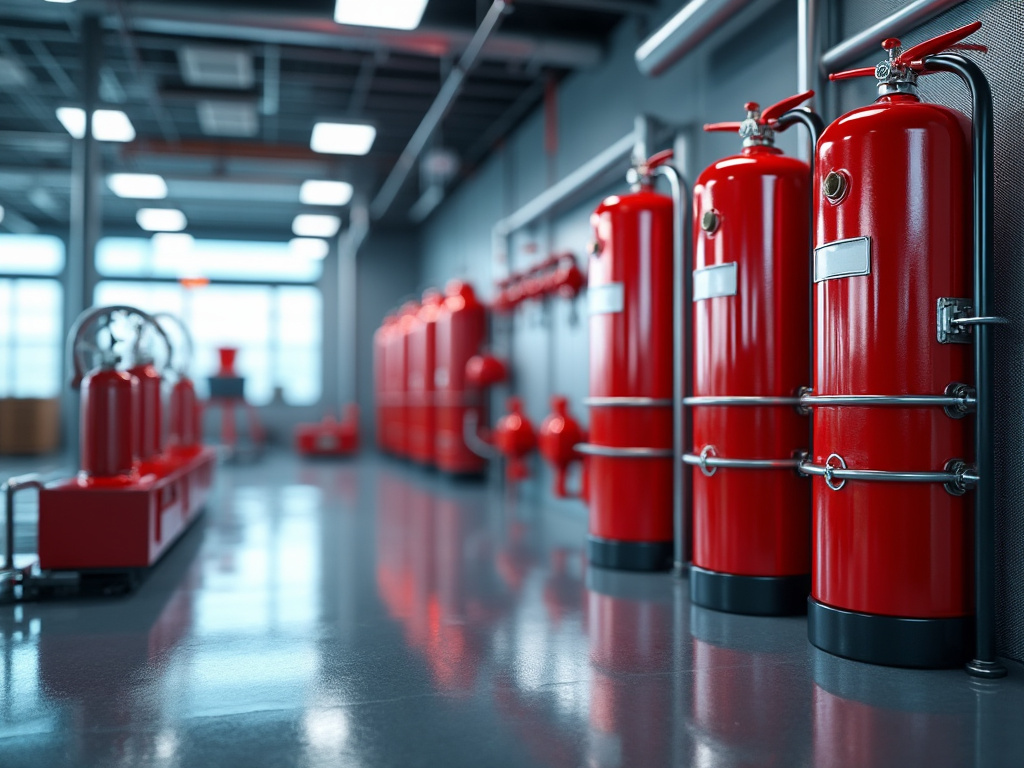 Extintores rojos alineados en una sala industrial de seguridad contra incendios Extintores rojos alineados en una sala industrial de seguridad contra incendios