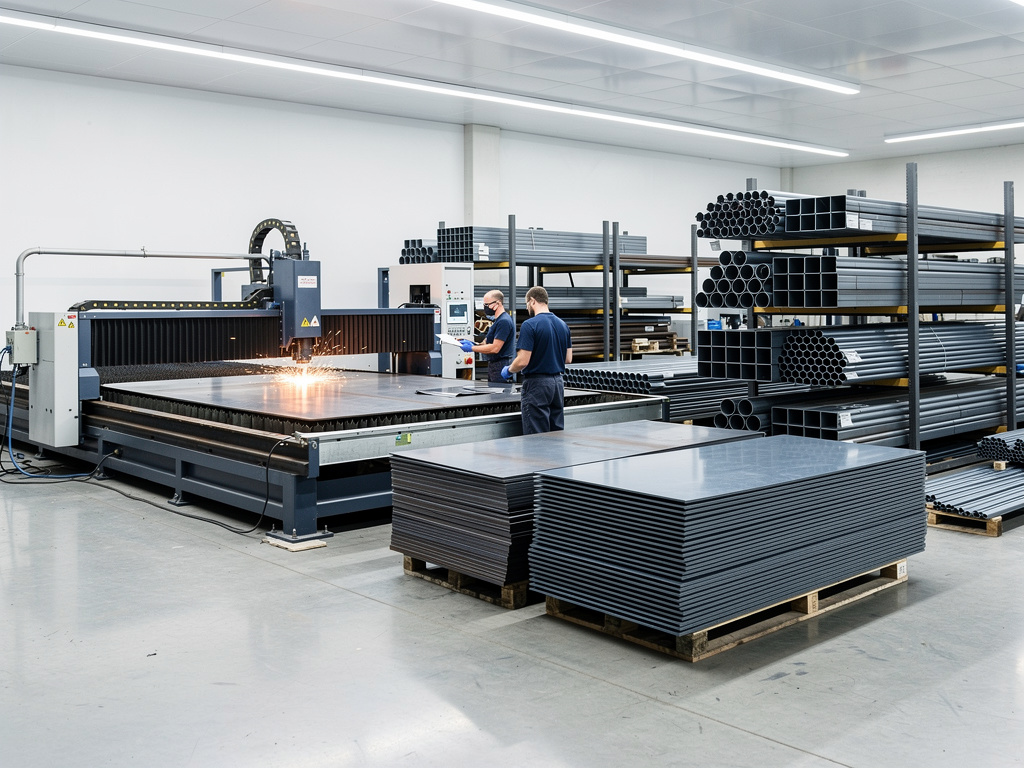 Máquina de corte láser CNC procesando láminas de metal en taller industrial con operarios y tubos de acero almacenados Máquina de corte láser CNC procesando láminas de metal en taller industrial con operarios y tubos de acero almacenados