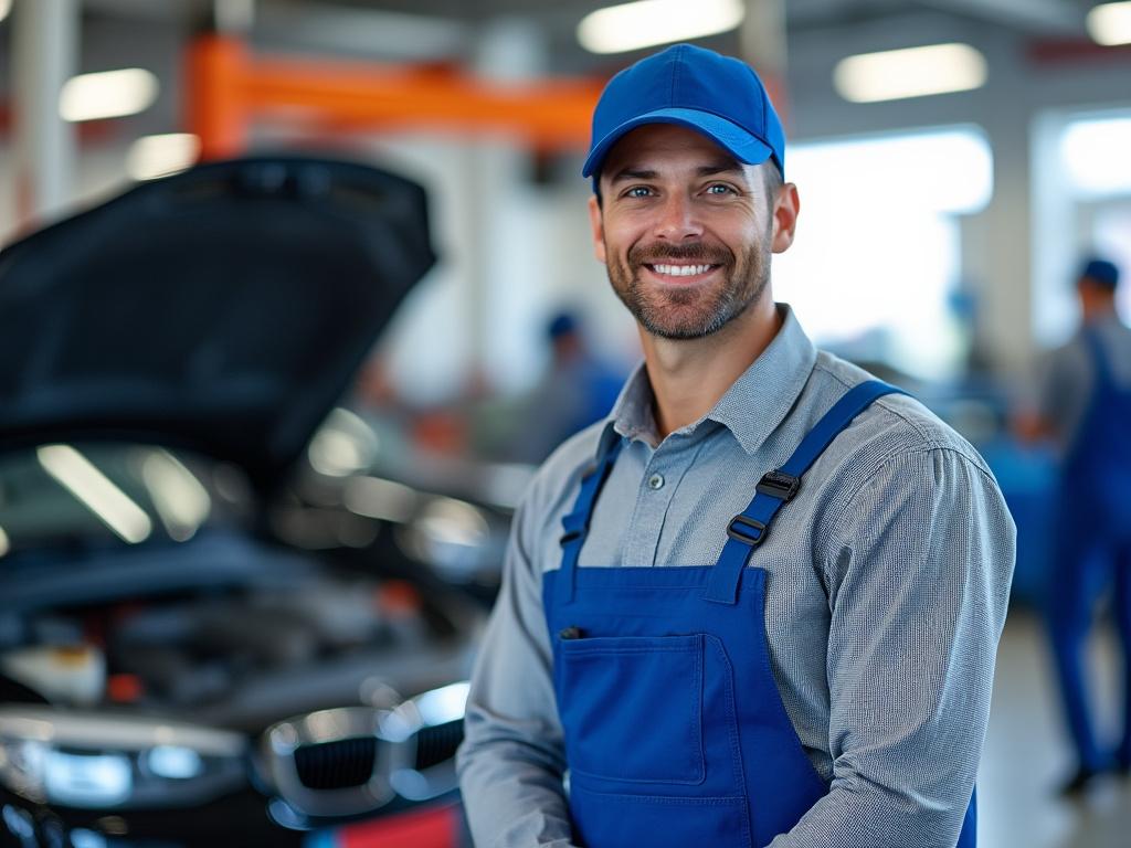 Mecánico sonriente con uniforme azul y gorra, posando frente a un auto en mantenimiento en un taller.
