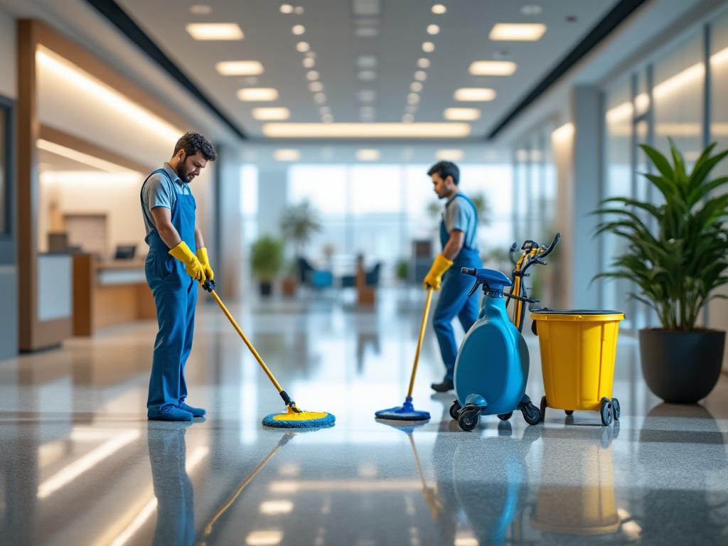 Dos trabajadores de limpieza con uniforme azul usan mopas en un pasillo moderno y luminoso, con equipo de limpieza y plantas decorativas alrededor.