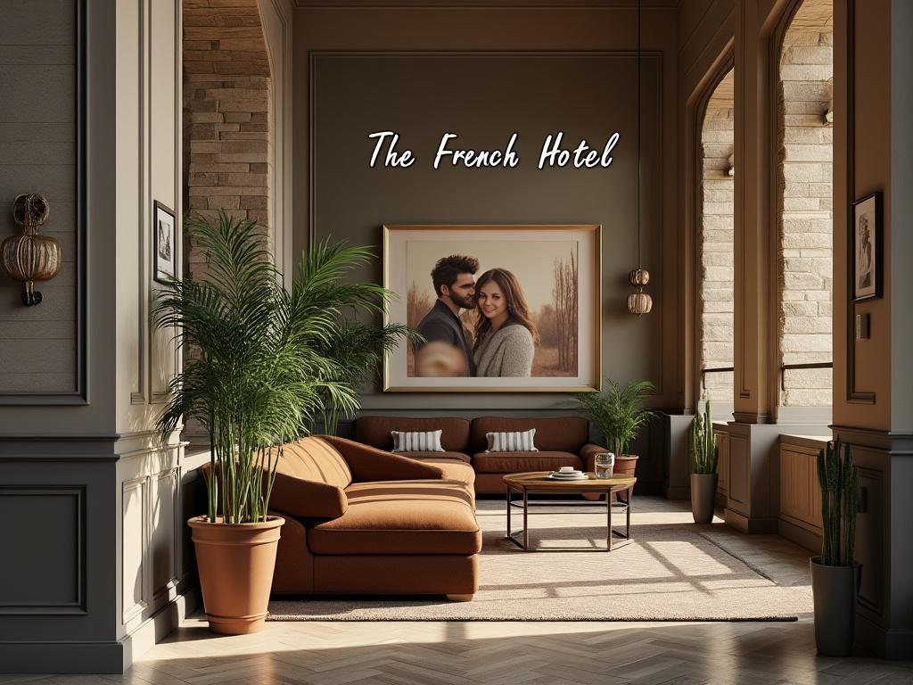 Sala de estar elegante en un hotel con sofá marrón, plantas decorativas y gran retrato enmarcado de pareja en la pared.