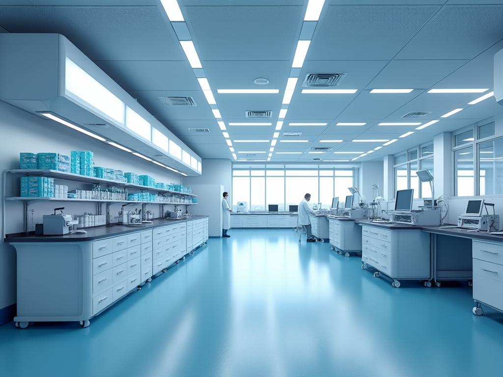 Laboratorio moderno con científicos trabajando, equipos de alta tecnología y un ambiente limpio e iluminado.