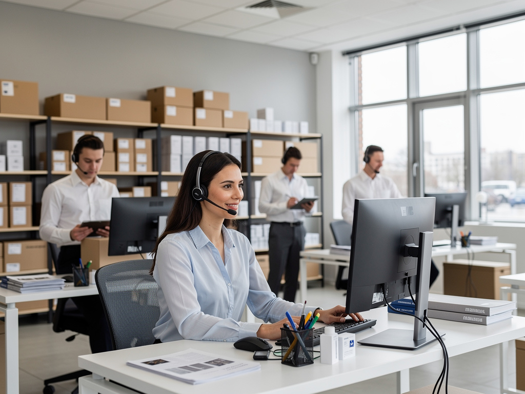Equipo de atención al cliente con auriculares trabajando en oficina moderna con computadoras y estanterías de cajas Equipo de atención al cliente con auriculares trabajando en oficina moderna con computadoras y estanterías de cajas