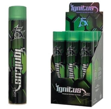 IGNITUS 15X
IGNITUS GAS 15X 
(750ML)
9 DISPLAY / 36 CS / 30 CS PALLET