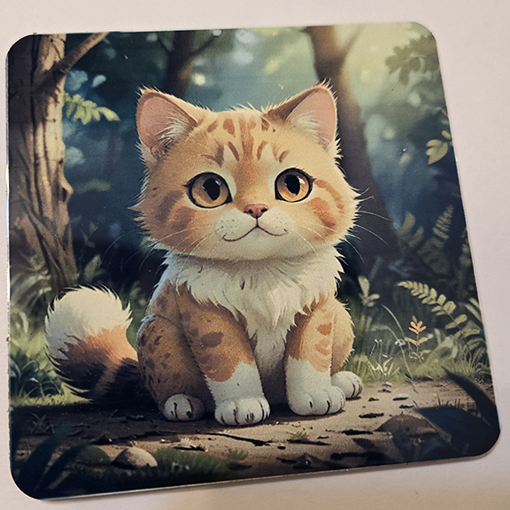 Square metal coaster with a kitten in woods design