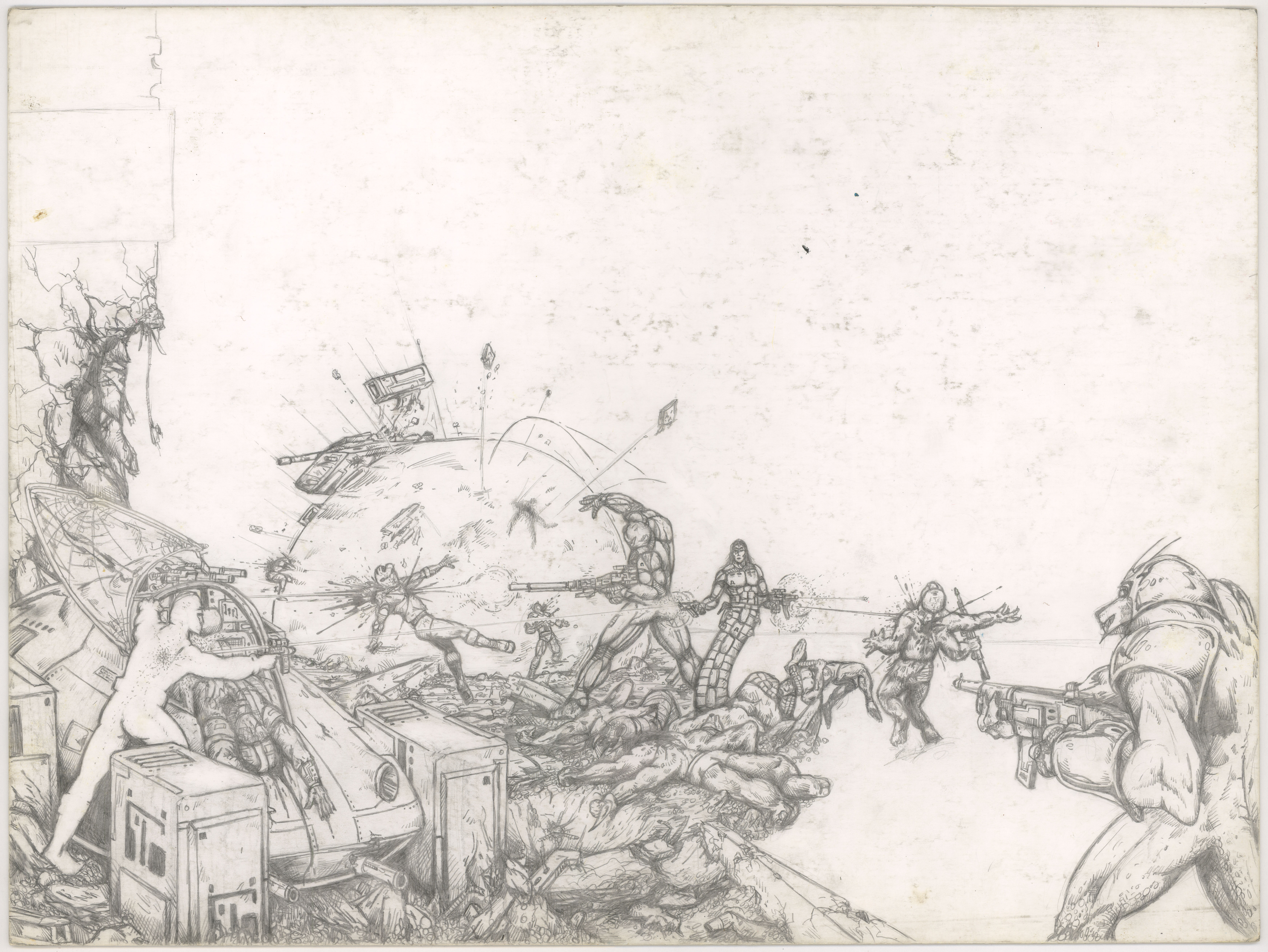 Omega Corps
Battlefield with Seth and Raunok
15" x 20" pencil on illustration board
1986
$2000