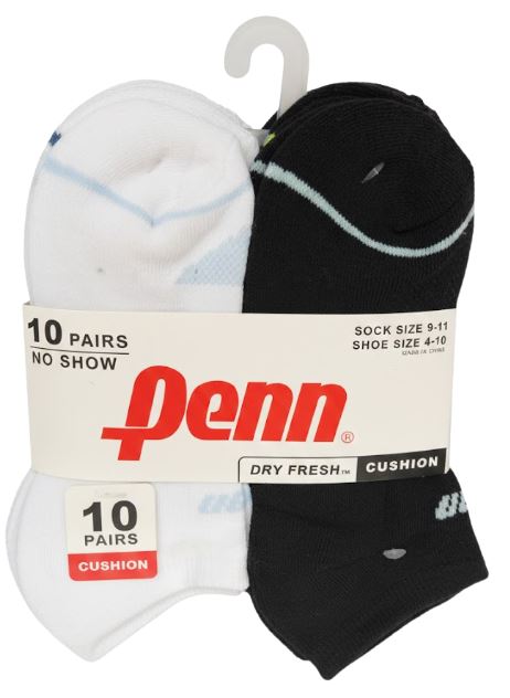 PEW364-BWH
10PK PENN  NO SHOW SOCKS 
SHOE SIZE 4-10
UPC 194382075579
128 CS PACK