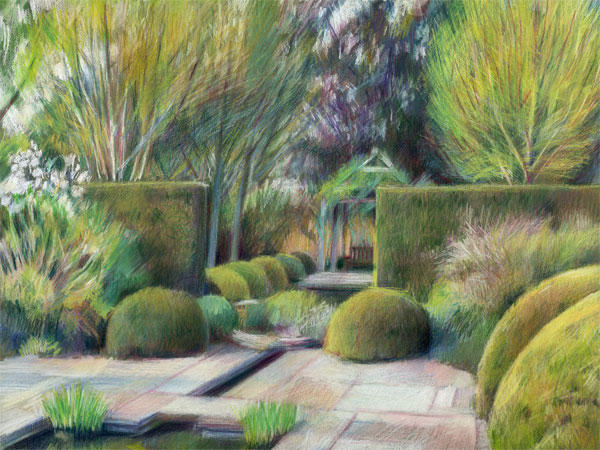 The Rill Garden (12" x 16") coloured pencil on Art Spectrum colourfix plein air board