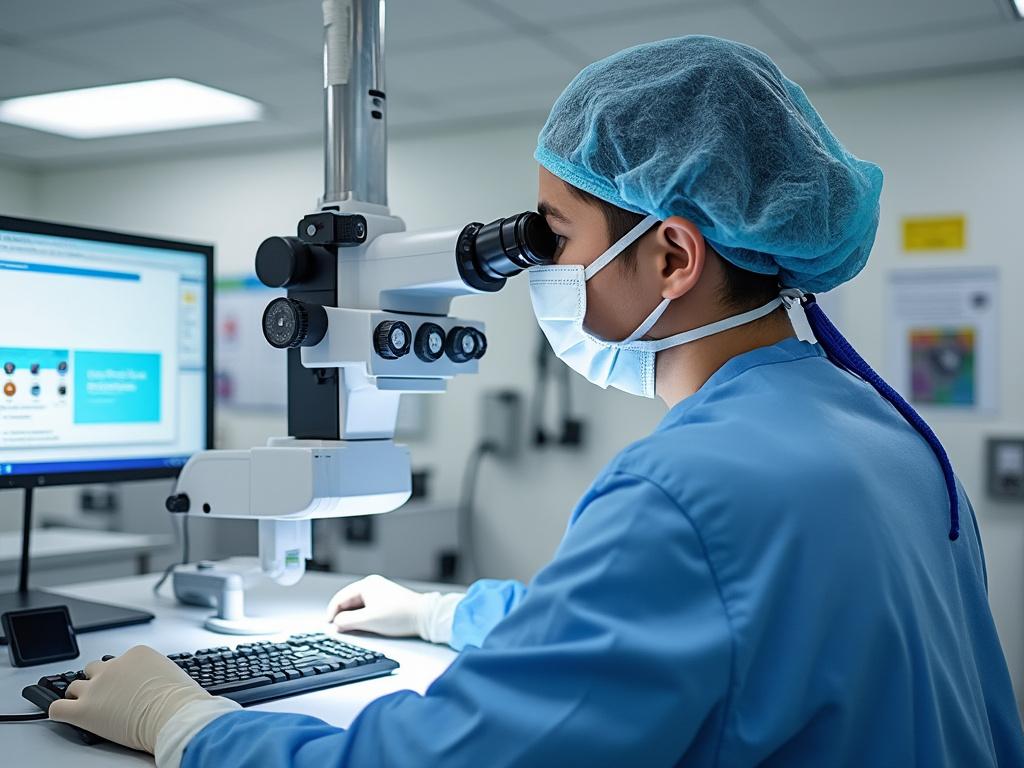 Científico en laboratorio usando un microscopio con pantalla de computadora, vestido con equipo de protección.