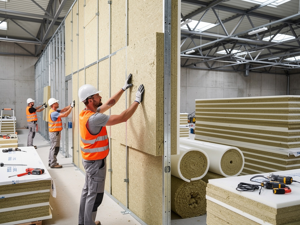 Trabajadores instalando paneles de aislamiento de lana mineral en una pared interior de construcción