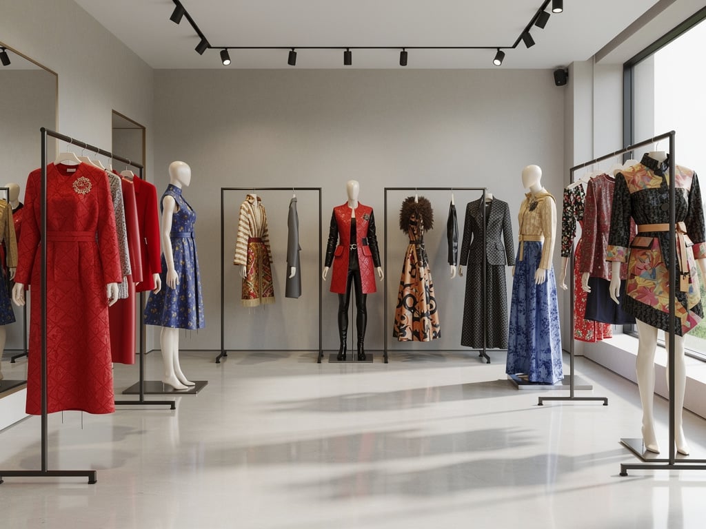 Modern fashion boutique showroom with mannequins and racks displaying colorful designer dresses and coats