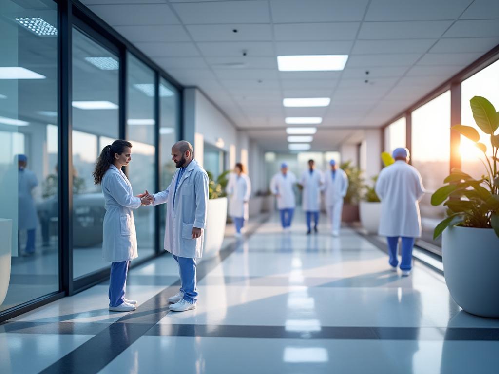Médicos en un pasillo de hospital moderno, conversando al amanecer, con ventanas grandes y plantas decorativas.
