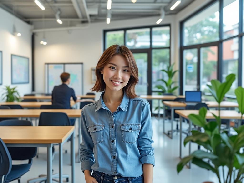 Mujer joven sonriente en oficina moderna con ventanas grandes y plantas, vestida con camisa vaquera.