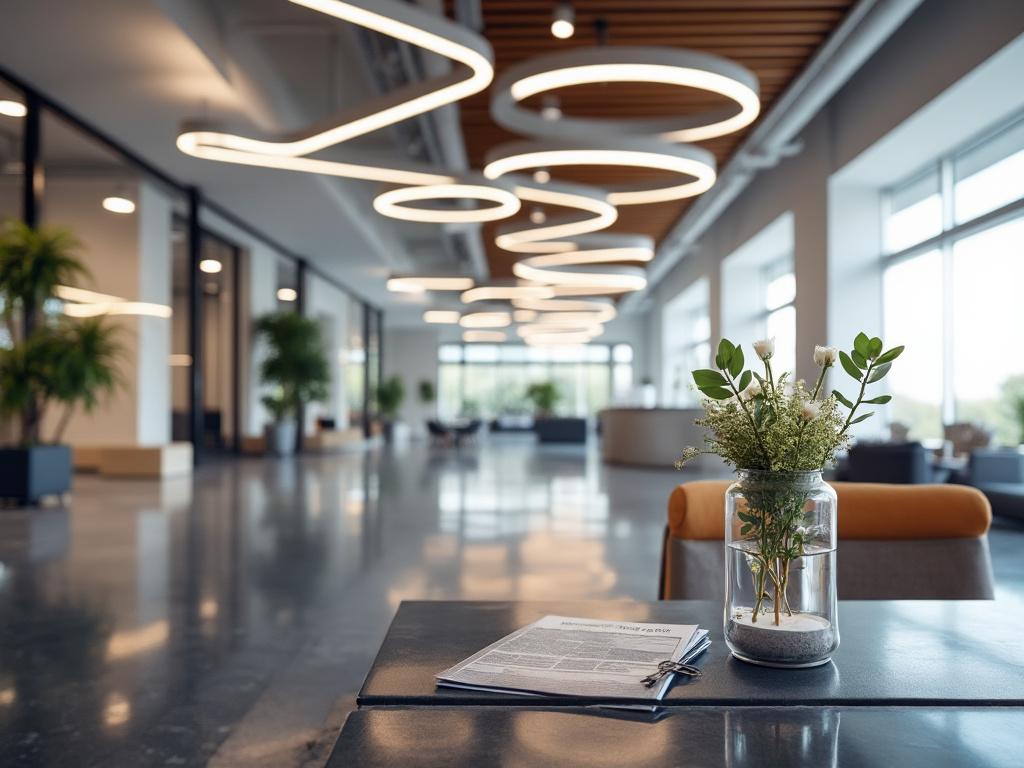 Modern office lobby with stylish lighting, glass vase with flowers on a table, and large windows in the background.