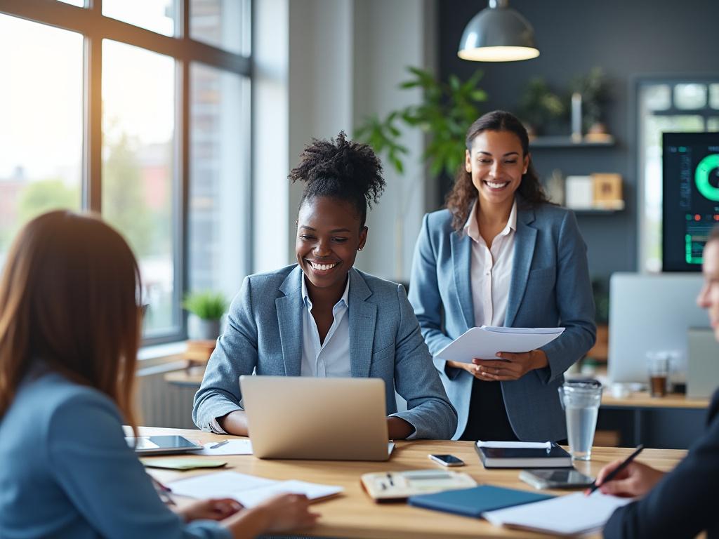 Smiling business team collaborating in modern office with laptops and documents.