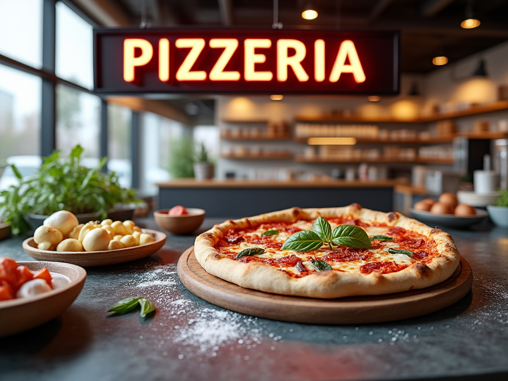 Pizza recién horneada en pizzería con ingredientes frescos alrededor y cartel luminoso de fondo.