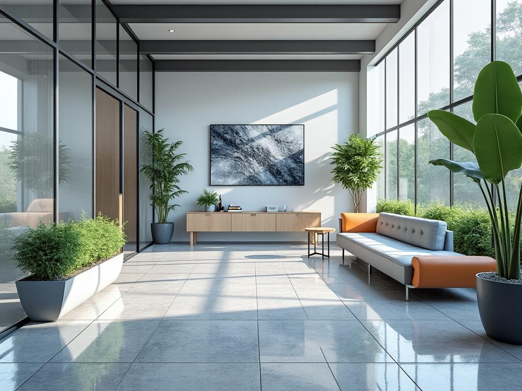 Moderno salón con amplios ventanales, plantas en macetas y muebles contemporáneos.