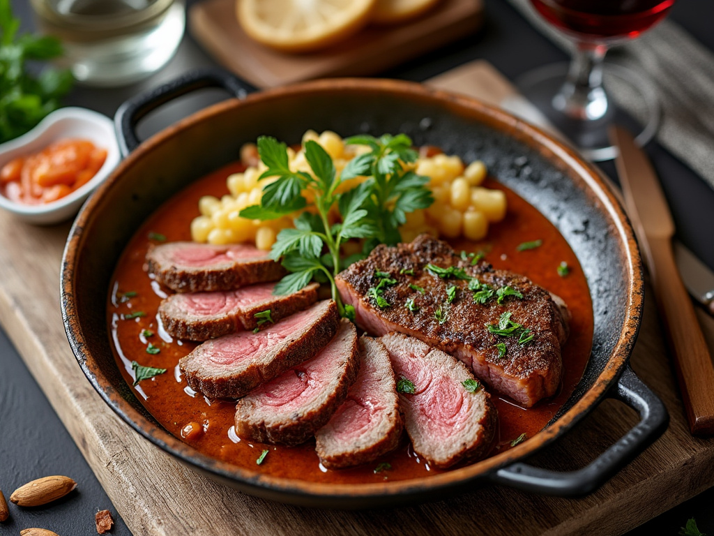 Carne asada en rodajas con guarnición de maíz y perejil en una sartén con salsa roja.