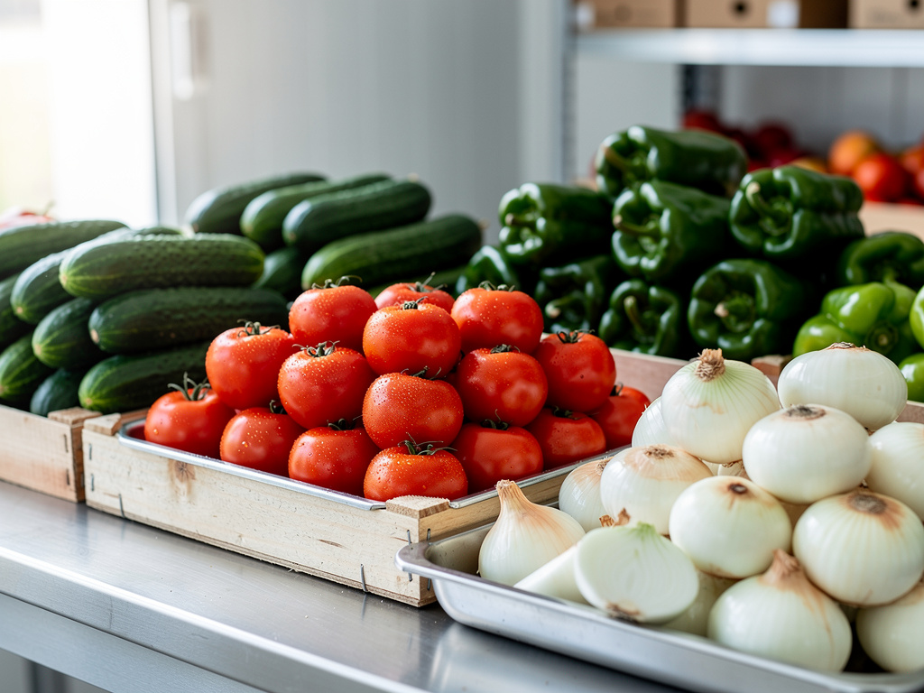 Verduras frescas en mercado con tomates, pepinos, pimientos verdes y cebollas blancas en bandejas