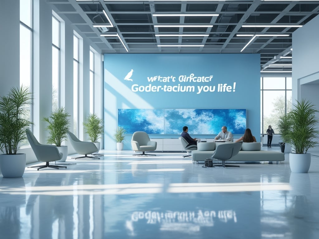 Sala de espera moderna con muebles blancos, plantas decorativas, y gran pantalla azul en la pared.