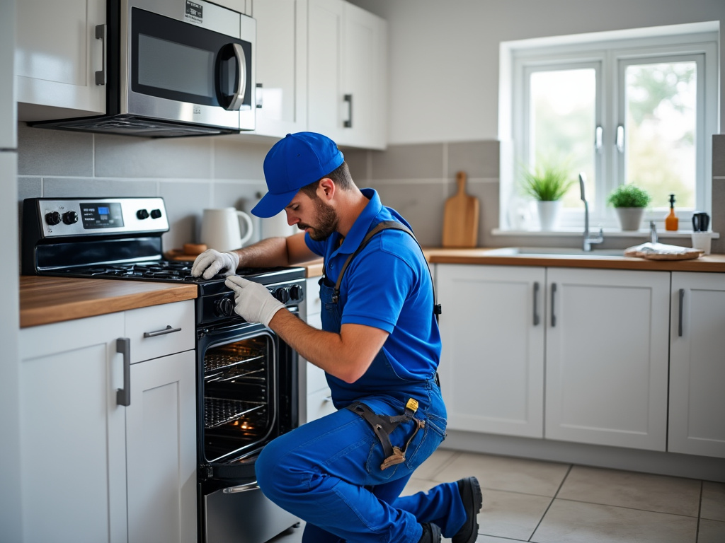 Professional technician inspecting kitchen oven in modern home, wearing blue uniform and gloves.