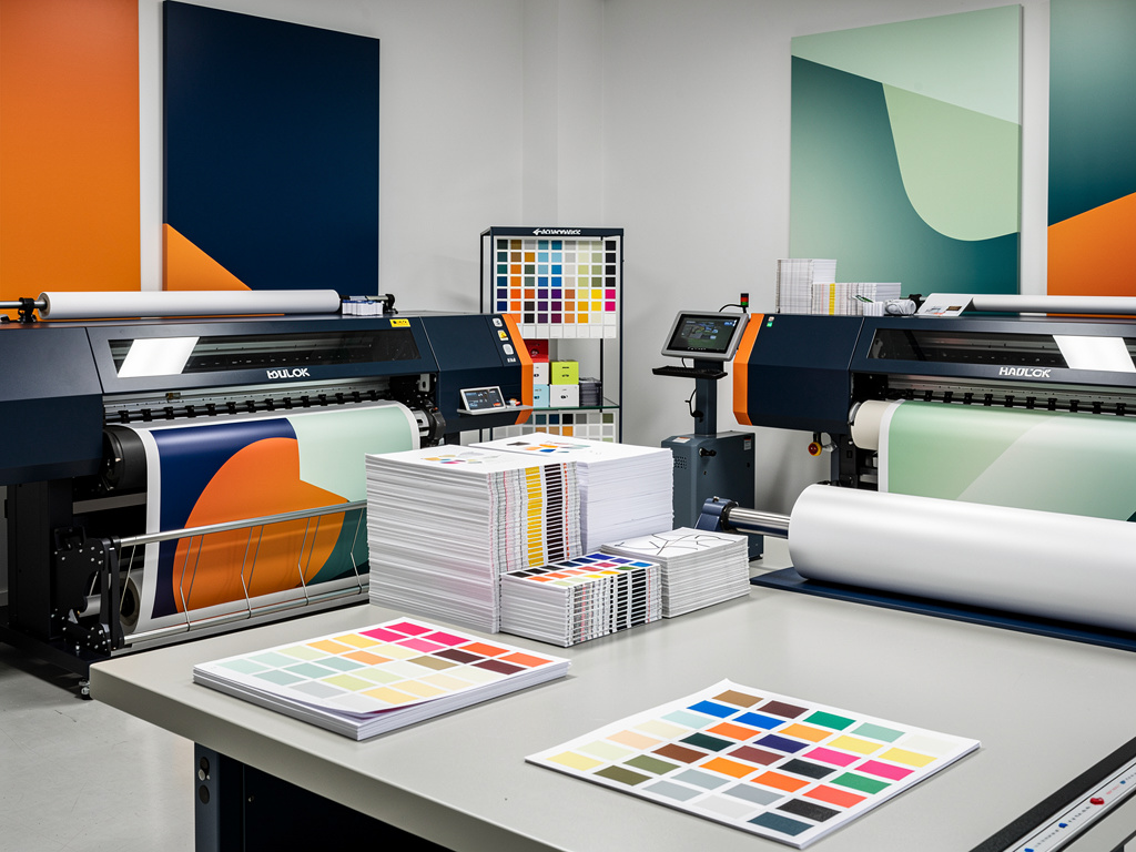 Taller de impresión digital con impresoras de gran formato, muestras de color y materiales gráficos sobre mesa