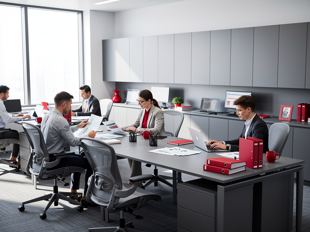 Equipo empresarial analizando informes financieros y gráficos en una oficina moderna con computadoras Equipo empresarial analizando informes financieros y gráficos en una oficina moderna con computadoras