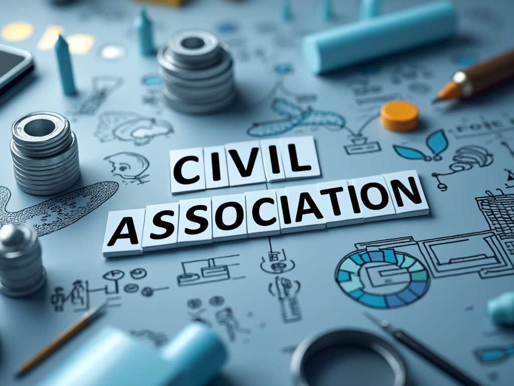 Ilustraciones de elementos de diseño gráfico con letras formando 'Civil Association'.