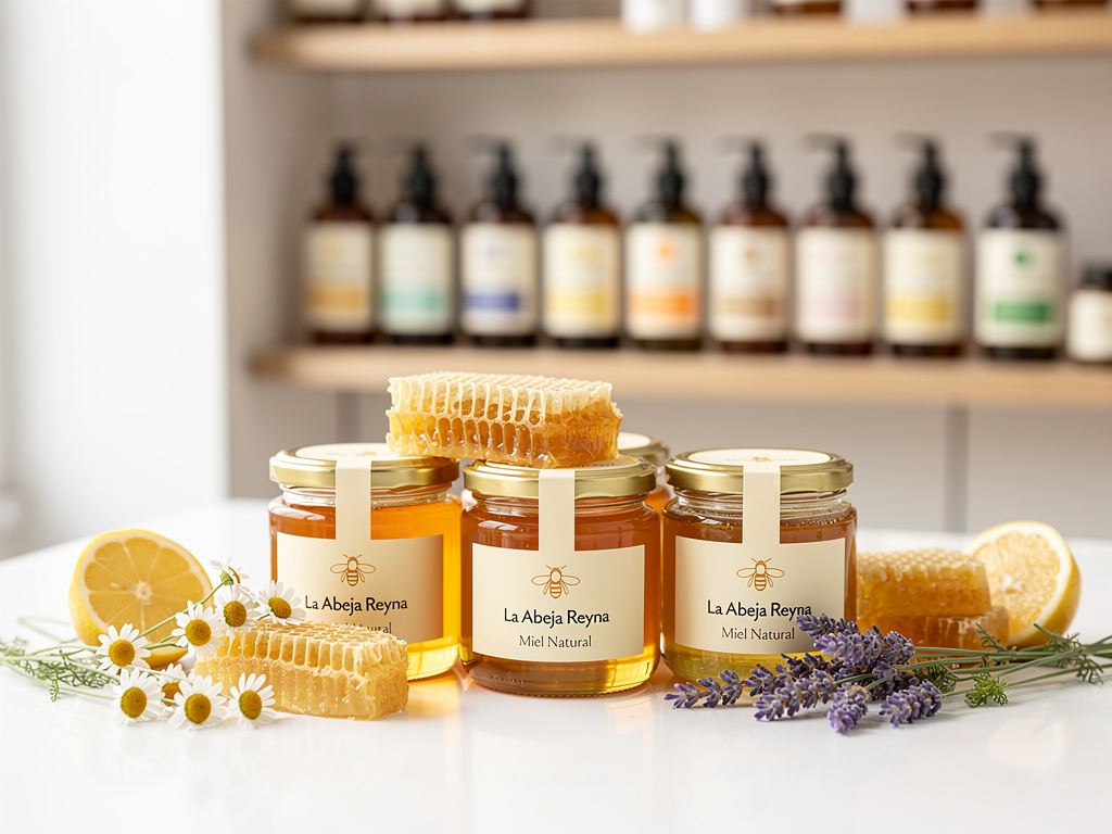 Tres frascos de miel natural La Abeja Reyna con panal, limón, manzanilla y lavanda en tienda de productos artesanales