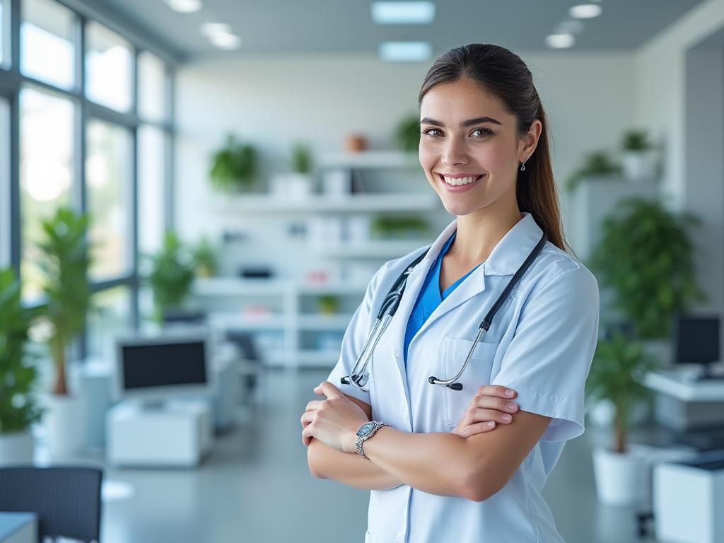 Doctora sonriendo con estetoscopio en un entorno de oficina moderno.