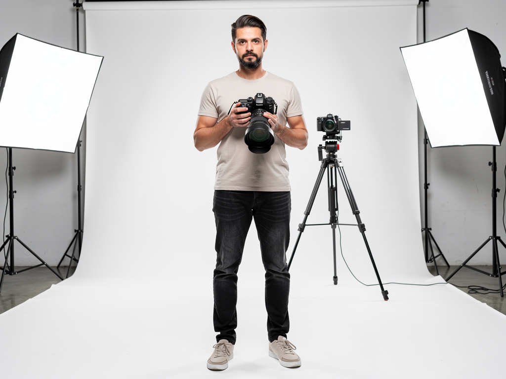 Professional photographer holding DSLR camera in studio with softbox lighting and white backdrop