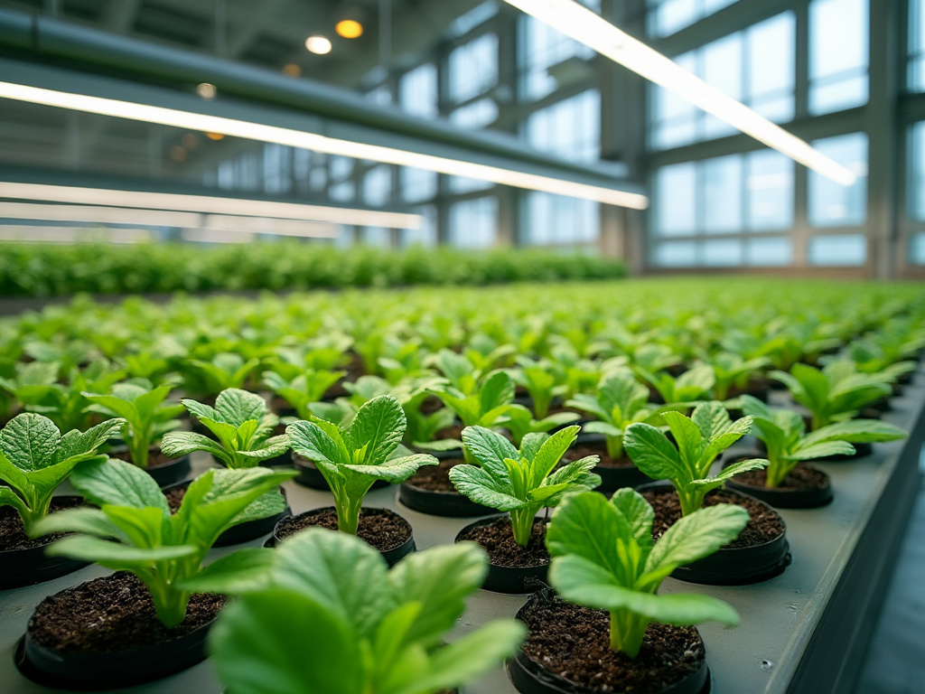 Cultivo hidropónico de lechugas en un invernadero moderno con iluminación artificial.
