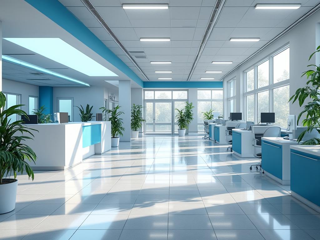 Modern office interior with large windows, natural light, sleek workstations, and potted plants.