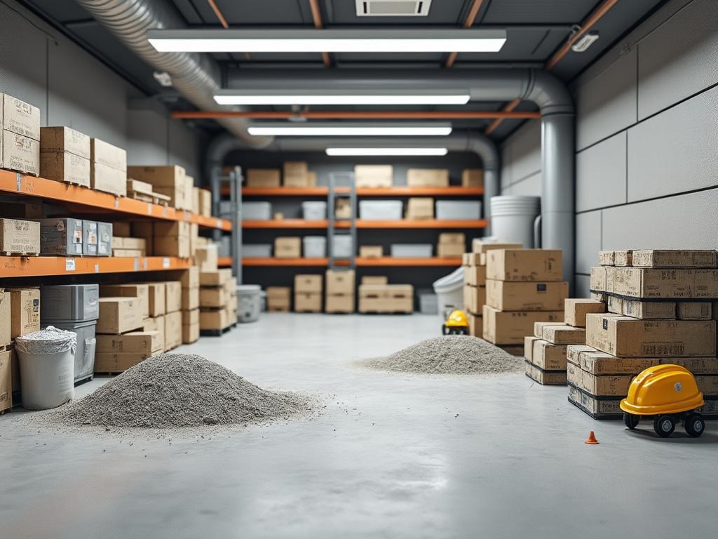 Almacén con cajas de cartón apiladas, estanterías metálicas anaranjadas, montones de arena en el suelo y casco de construcción amarillo sobre ruedas.