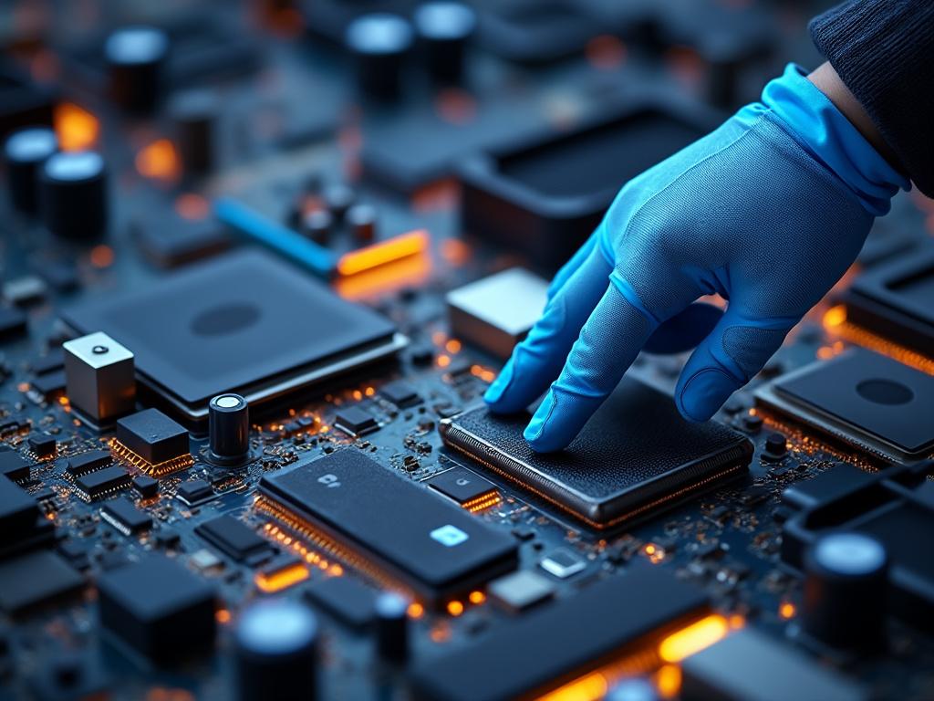 Mano con guante azul trabajando en un circuito integrado iluminado. Mano con guante azul trabajando en un circuito integrado iluminado.