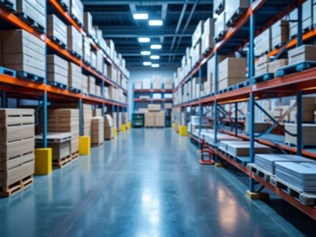 Almacén con estanterías metálicas repletas de cajas de cartón apiladas.