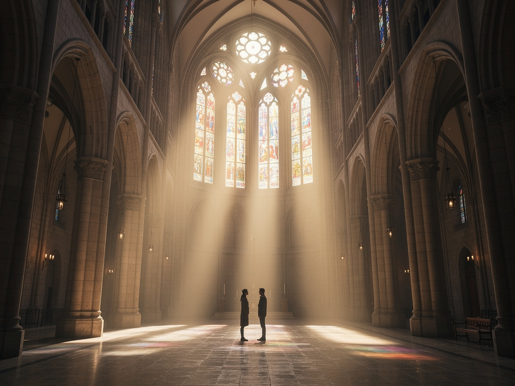 Interior de catedral gótica con vitrales iluminados y dos personas de pie bajo rayos de luz