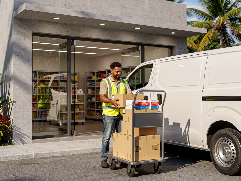 Business professionals receiving package delivery from courier with cargo bike outside modern retail storefront