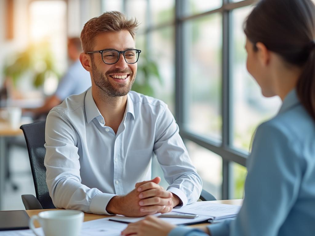 Two professionals engaged in a business meeting, smiling at each other, seated at a modern office desk with large windows in the background.