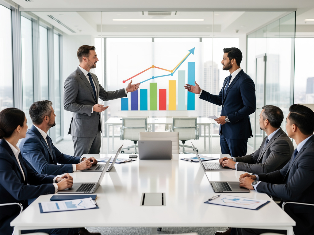 Reunión de negocios en oficina moderna con ejecutivos analizando gráfico de crecimiento y estrategia empresarial