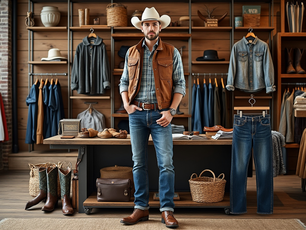 Hombre con ropa vaquera en tienda de ropa estilo occidental, rodeado de camisas, jeans, botas y sombreros.