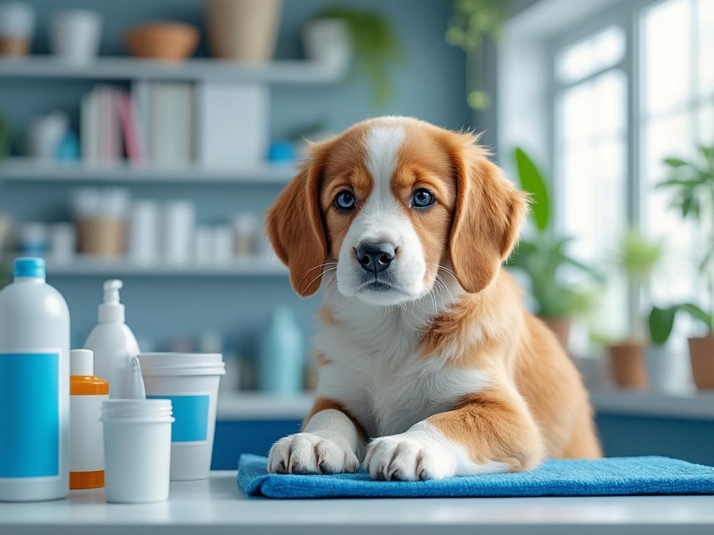 Cachorro con ojos azules en veterinaria con productos de cuidado animal en la mesa.